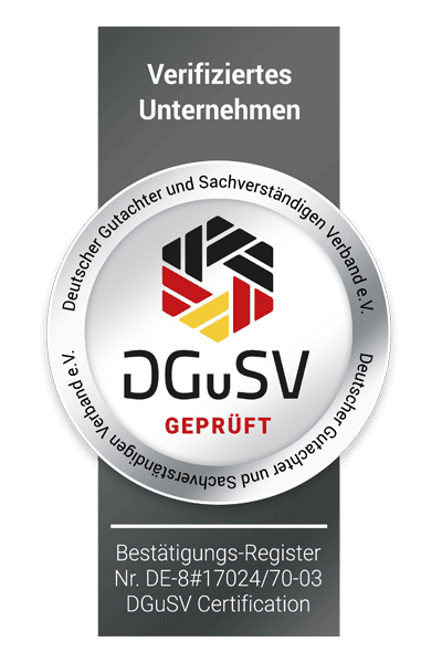 DGUSV Siegel Kfz Stern. Zertifizierung als geprüfter DGuSV - Deutscher Gutachter und Sachverständige Verband mit der Nummer: DE-8#17024/70-03